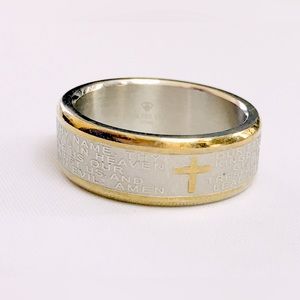 Gold Silver Etched Enscribed Cross Ring With The Lord’s Prayer